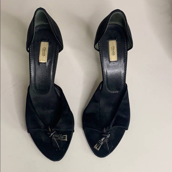 Vintage PRADA Italy black satin belt knot open toe Stiletto heels shoe 6.5 size - Picture 2 of 14